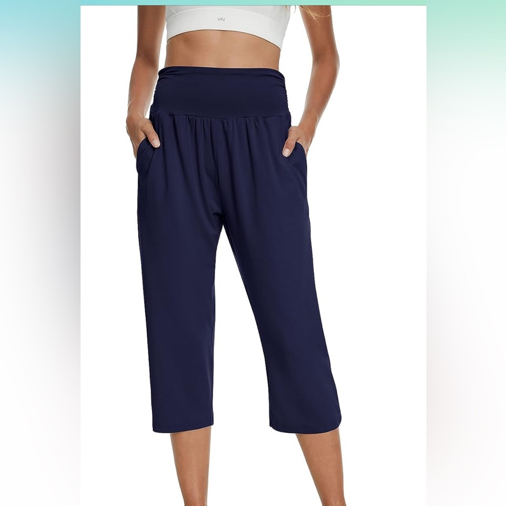 Blue Yoga Pants Women’s sz L high waisted pants 2 side pocket. 20.5” inseam